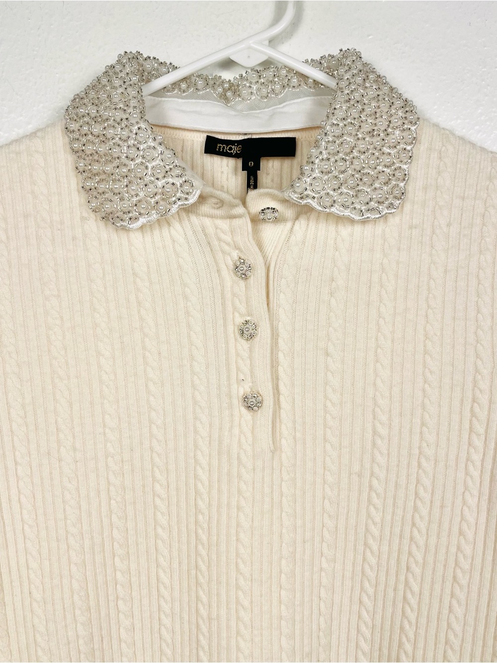 MAJE Embellished Pearl Beaded Peter Pan Collar Short Sleeve Sweater Top 0/XS - Picture 4 of 9